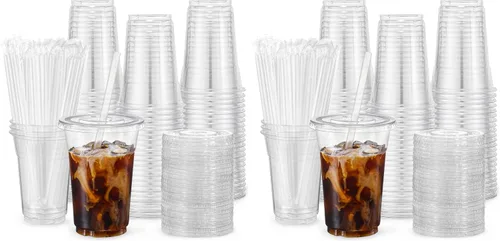 Miniatura 9 de VITEVER [100 juegos de 16 onzas] Vasos de plástico con tapas y pajitas, vasos desechables para café helado, batido, bebidas frías, transparente