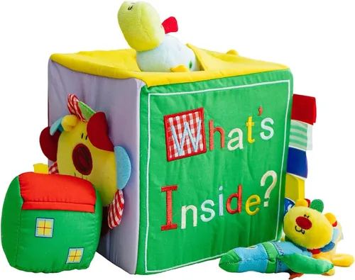 Genius Baby Toys | Caja de regalo y juego original de sorpresa, bordado a mano con 8 juguetes sensoriales y táctiles de felpa para bebés, cubo