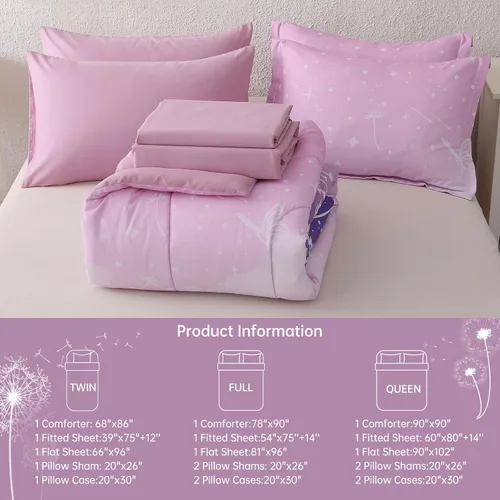 Miniatura 61 de Dinjoy Juego de edredón para niñas, tamaño individual, colorido, azul, rosa, morado, arcoíris, juego de ropa de cama de 6 piezas en una bolsa