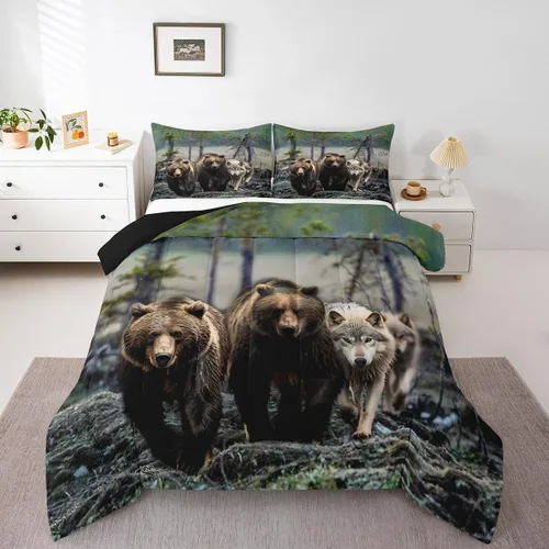 Erosebridal Juego de edredón tamaño individual de animales del bosque, juego de ropa de cama de oso marrón para niños y niñas, edredón de plumón de