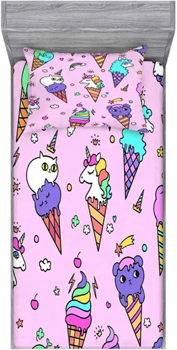 Miniatura 2 de Juego de sábanas bajeras de helado 3D de unicornio, gato, postre colorido para niños y niñas, juego de ropa de cama individual XL, 1 sábana bajera