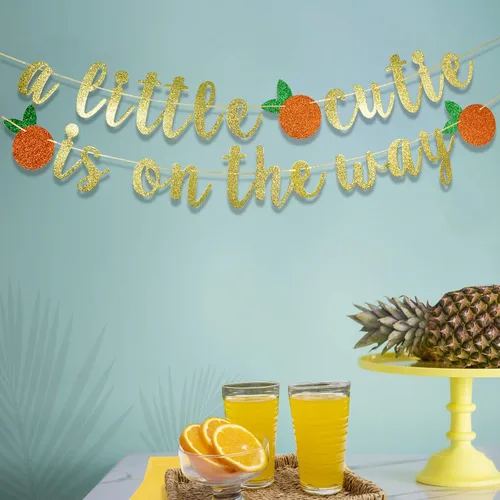 Miniatura 2 de Cartel con texto en inglés "A Little Cutie Is On The Way" – Decoración de fiesta de cumpleaños y baby shower con temática de naranja cítrico