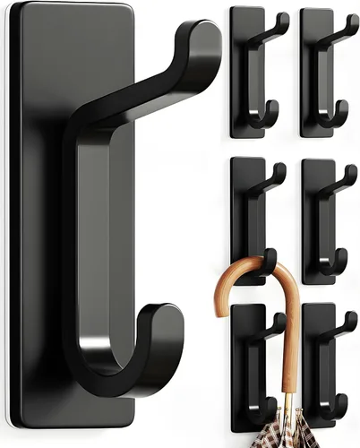 pickpiff Ganchos de pared para abrigo y toalla: 13LB fuerte adhesivo para colgar puerta, color negro, paquete de 6