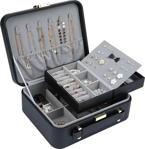 Miniatura 2 de V-LAFUY Joyero para mujer, organizador de joyas de viaje con bandeja de joyería para anillos, aretes, collares, pulseras y relojes, color negro