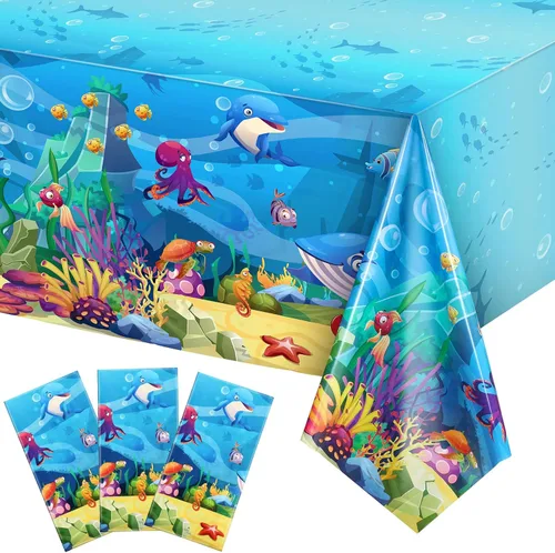 Tiamon Paquete de 3 manteles para fiesta marina, animales del océano, mantel de mesa de criaturas submarinas y vida marina para niños, decoración de