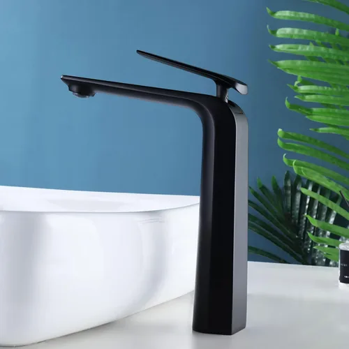 TOCALOCA Grifo de baño negro alto para lavabo de baño, grifo de lavabo de baño negro mate, manija única 1 agujero mezclador de agua fría y caliente