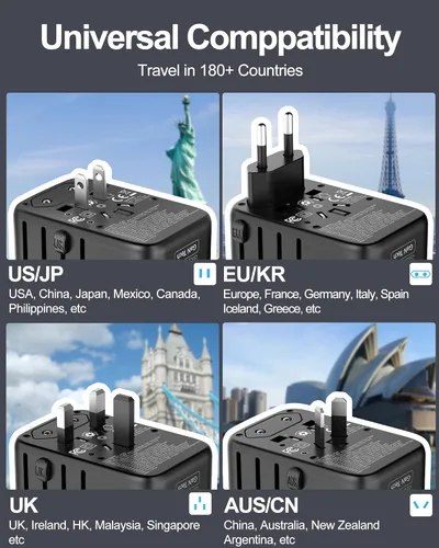 Miniatura 3 de Adaptador de viaje universal de 100 W, cargador rápido GaN en uno, 5 puertos USB y salida de CA de 2500 W, adaptador de corriente internacional