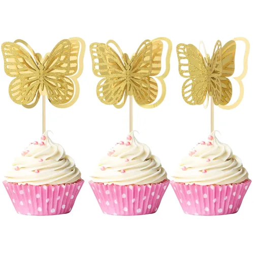 Miniatura 10 de Gyufise Paquete de 24 adornos de mariposa ensamblados con purpurina dorada, decoraciones de mariposa dorada, púas para cupcakes, bodas, 4-dorado