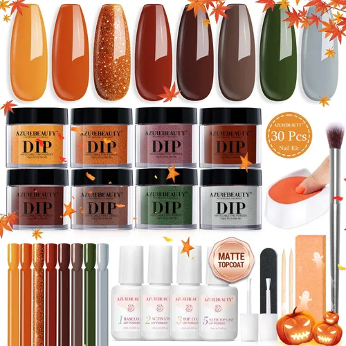 AzureBeauty Kit de iniciación de polvo de uñas de inmersión, gris arce, verde salvia, verde oscuro, juego de 8 colores con palitos de uñas, base de