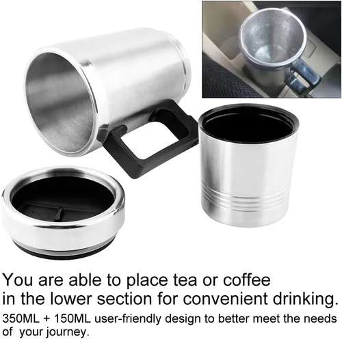Miniatura 4 de Acouto Hervidor eléctrico para automóvil de 12 V, 11.8 fl oz + 5.1 fl oz, acero inoxidable, enchufe para automóvil, hervidor eléctrico, café, té