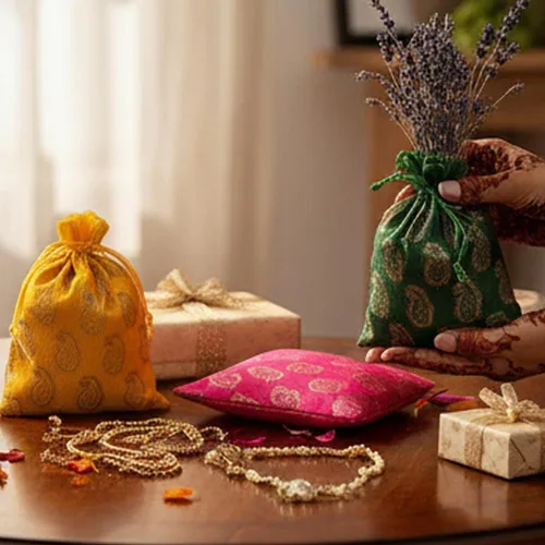Miniatura 5 de Touchstone Preciosas bolsas de envoltura de regalos reutilizables, respetuosas con el medio ambiente, grandes con cordón de brocado Paisley