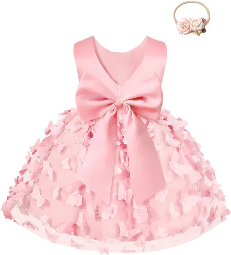 Miniatura 2 de Qaoerde Baby Flower Girl Dress with Headband,Bowknot V-Back Baby Girl Tutu Dresses for Wedding Birthday Party Holiday