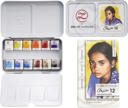 ZenART - Pintura de acuarela profesional, no tóxica, juego de 12 medias bandejas en paleta de lata de metal, juego de acuarelas de viaje portátil