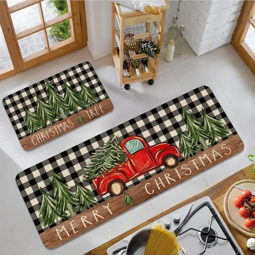 Miniatura 5 de Juego de 2 alfombras de cocina de Navidad, alfombra de cocina roja con diseño de camión y árbol de Navidad para el suelo, alfombra antideslizante