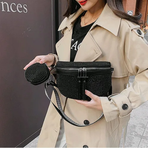 Miniatura 4 de RARITYUS Riñonera cruzada con diamantes de imitación brillantes para mujer, riñonera pequeña con cinturón, para fiesta o club, Negro, talla única