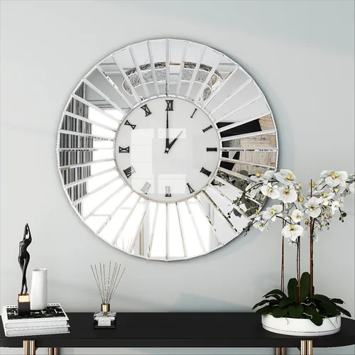 Miniatura 9 de SHYFOY Reloj de pared decorativo, reloj grande de 24 pulgadas con espejo para pared, reloj moderno de plata con movimiento silencioso, relojes