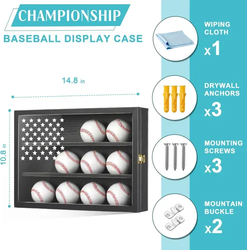 Miniatura 2 de Vitrina de béisbol retro con capacidad para 12 bolas, caja de almacenamiento de béisbol de 11 x 16 pulgadas con vidrio acrílico HD, soporte de pared