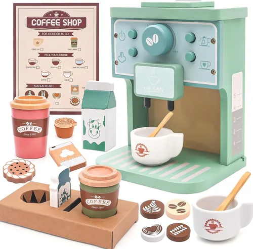 Juego de café para niños, juego de cafetera de juguete para niños pequeños, accesorios de cocina de madera, juego de simulación para niñas y niños