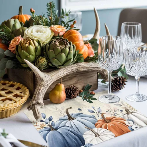Miniatura 8 de Juego de 4 manteles individuales de otoño con diseño de calabaza azul, hojas florales, manteles individuales de otoño, lavables, cosecha, Acción