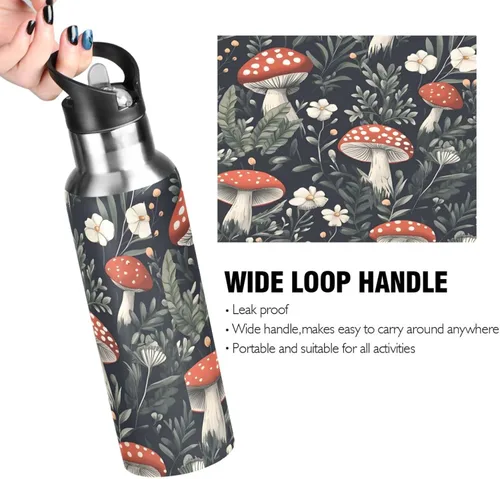 Miniatura 4 de Insulated Stainless Steel Water Bottle with Straw 20 Oz, BPA-Free Sport Water Bottle for Gym Outdoor Travel School, Red Mushrooms White Flowers