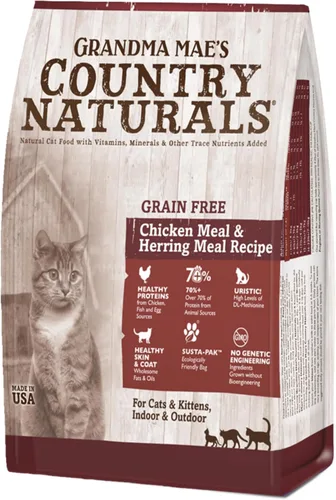 Grandma Mae's Country Naturals Alimento seco para gatos, fórmula sin granos, pollo y arenque, cocción lenta y rica en nutrientes, fabricado en