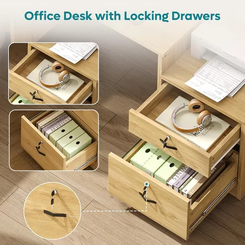Miniatura 5 de Bestier Escritorio para computadora de 55 pulgadas con tomas de corriente y luces LED, escritorio de oficina en casa con cajón de archivos