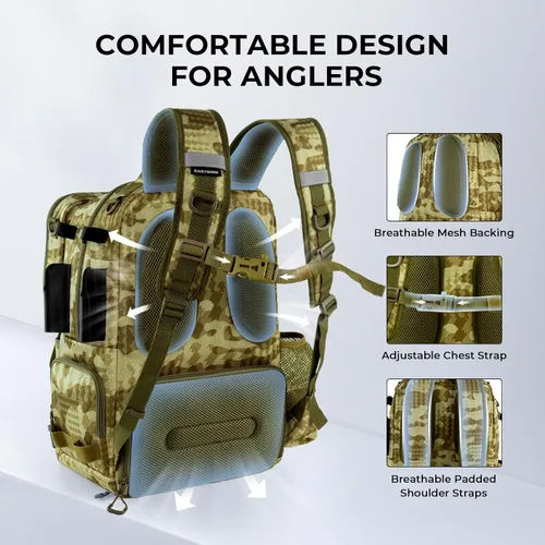 Miniatura 7 de KastKing BaitSpace 50L Mochila para equipo de pesca con encuadernador de cebo removible, 2 soportes para cañas, almacenamiento para equipo y H