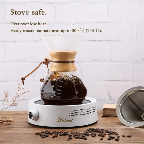Miniatura 5 de Lalord Cafetera vertida con filtro de acero inoxidable reutilizable, jarra de café de vidrio borosilicato de 27 onzas, collar de madera, jarra
