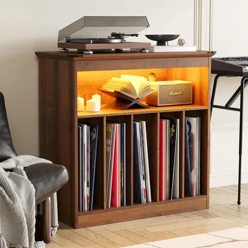 MHOM Farmhouse - Soporte grande para tocadiscos con tomas de corriente y luces LED, soporte para discos de vinilo con capacidad para hasta 150