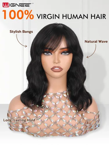 Miniatura 2 de WIGNEE Pelucas onduladas naturales con flequillo, 100% cabello humano brasileño, pelucas onduladas de moda, color negro natural