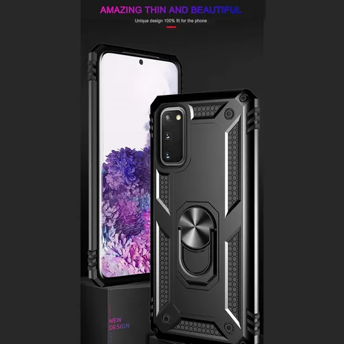 Miniatura 7 de Androgate Funda para Samsung Galaxy S20 FE con protectores de pantalla de cristal, soporte de anillo de metal de grado militar con soporte de Negro