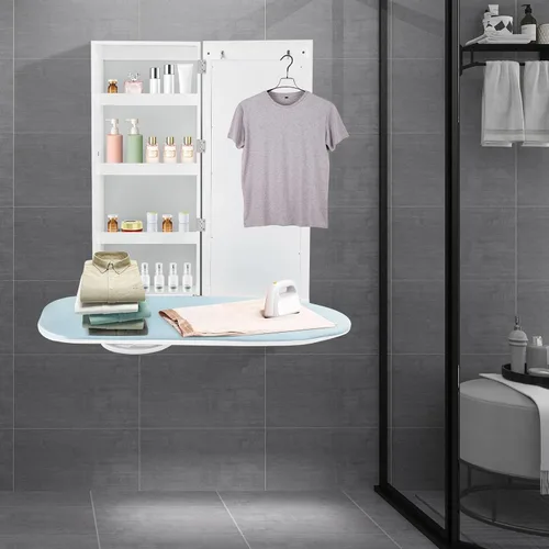 Miniatura 7 de Armario de tabla de planchar de pared giratoria de 180° con armario de almacenamiento y espejos, gabinete de planchado colgante de diseño plegable
