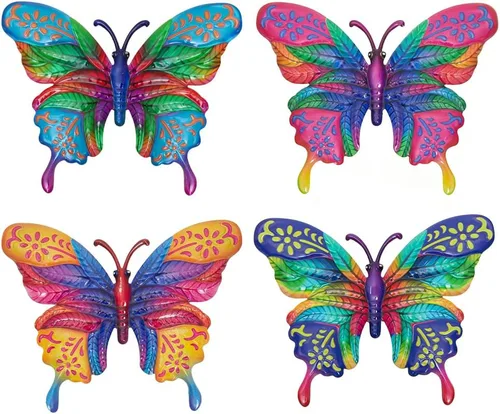 dreamskip 4 piezas de arte de decoración de pared de mariposas, mariposas de metal para exteriores con hojas coloridas, decoración al aire libre