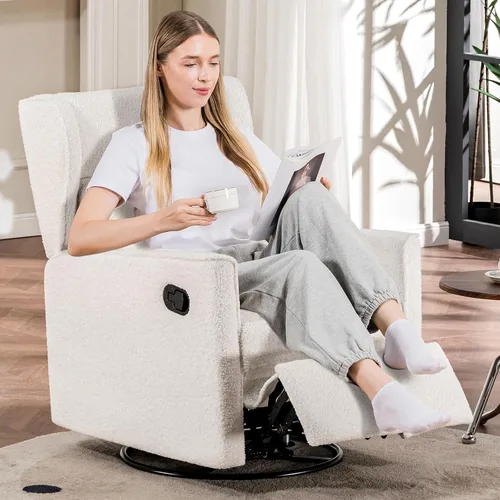 Miniatura 7 de COMHOMA Mecedora para Cuarto de Bebé Teddy Tapizada Mecedora Giratoria Reclinable Manual Deslizante Silla Reclinable para Sala de Estar Dormitorio