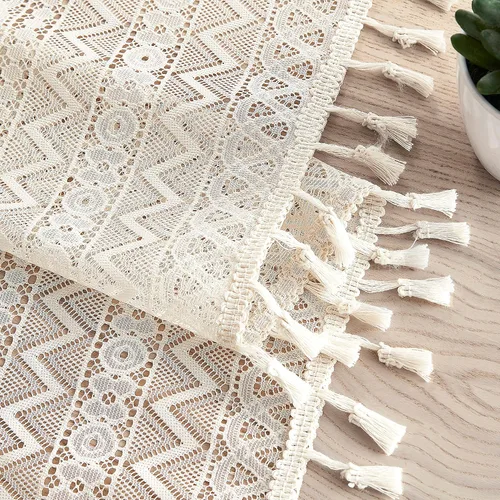 Miniatura 2 de ZJDECOR Cortinas traslúcidas de encaje bohemio de 54 pulgadas de largo, juego de 2 paneles de cortinas con patrón geométrico rústico beige