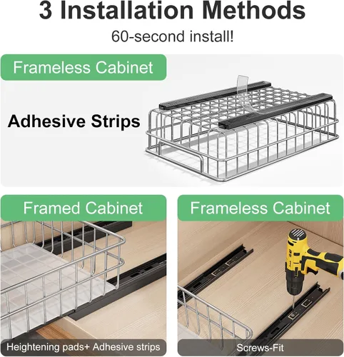 Miniatura 7 de Organizador de gabinete extraíble, juego de 2 cajones deslizables de acero inoxidable con correderas de extensión completa silenciosas, estante