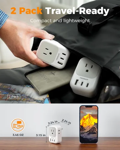 Miniatura 5 de Adaptador de toma de 2 a 3 clavijas, TESSAN Adaptador de enchufe de EE. UU. a Japón, paquete de 2 con 4 salidas, 3 USB (2 USB-C), adaptador