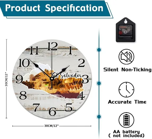 Miniatura 6 de Reloj de pared de viaje con mapa de El Salvador, atracciones turísticas, relojes de pared grandes que funcionan con pilas, 12 pulgadas, silencioso