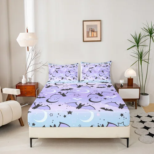 Miniatura 2 de Juego de funda de edredón de Halloween, sábana bajera ajustable de arcoíris para niños y niños, diseño de murciélago, luna y estrella, juego