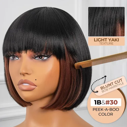 Miniatura 4 de ToyoTress Peek-a-boo Peluca de color Bob con flequillo, 8 pulgadas, mezcla de negro y marrón, pelucas Bob de corte romo, para mujeres negras, SH30