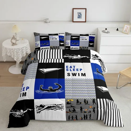 Miniatura 2 de Eat Sleep - Juego de edredón de natación para niños y niñas, ropa de cama temática de natación, juego de cama de natación, juego de deportes Nadar 03