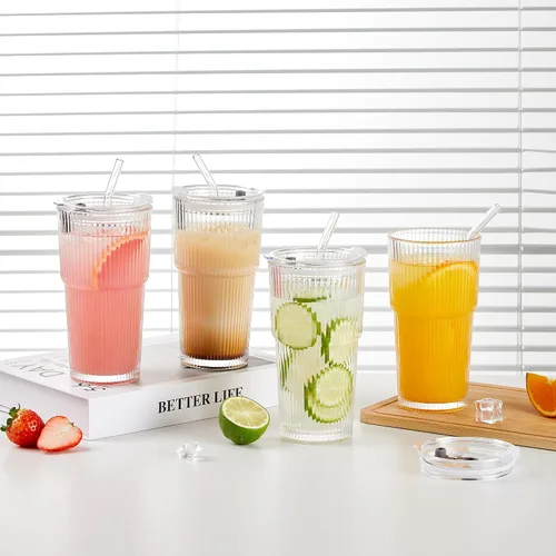 Miniatura 5 de Wells Vasos de vidrio de 20 onzas con tapas y pajitas, tazas de café helado acanaladas, vaso de vidrio grueso, ideal para café, batidos, cócteles