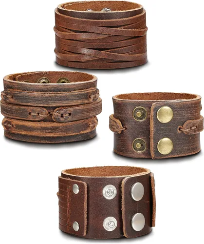 Miniatura 5 de THUNARAZ 2PCS Leather Cuff Bracelet Wrap Wristband Button Bangle for Men Women Adjustable Wide Brown Belt Punk Bracelet