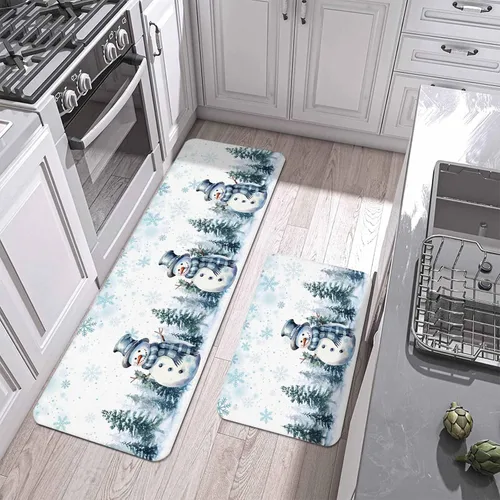 Miniatura 2 de Juego de 2 tapetes de cocina de Navidad con diseño de muñeco de nieve azul, antideslizantes, para entrada, árbol de Navidad, copos de nieve, tapete