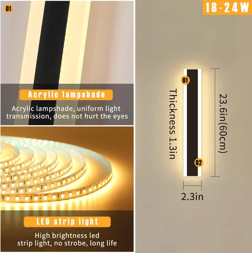 Miniatura 35 de Luz de pared exterior moderna de 47 pulgadas, accesorios de iluminación exterior de acrílico negro de 3000K, montaje en pared, luces de porche