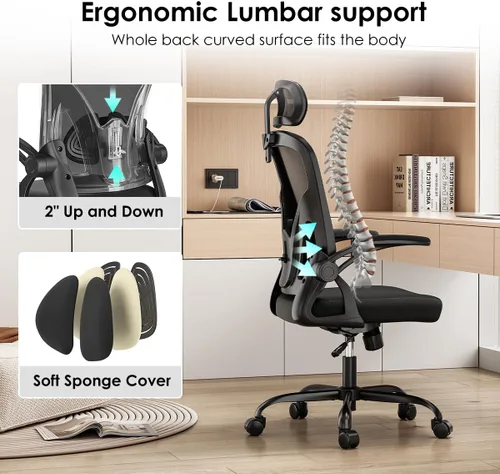Miniatura 4 de Silla de oficina ergonómica de malla, silla de escritorio con respaldo alto y reposabrazos, soporte lumbar ajustable hacia arriba y hacia abajo