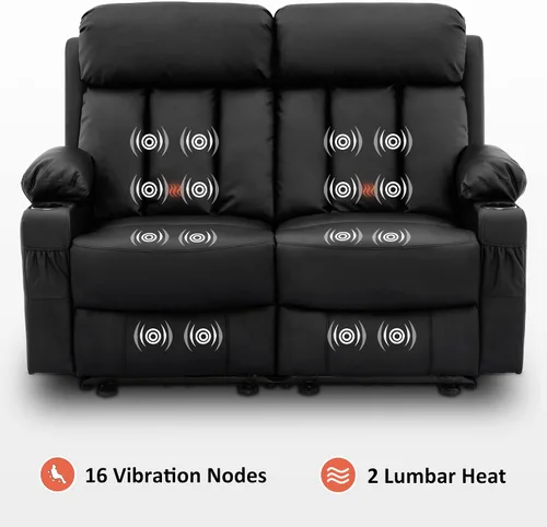 Miniatura 4 de MCombo Sofá de dos plazas reclinable eléctrico con calor y masaje, sofá reclinable para sala de estar, piel sintética 6075 (negro)