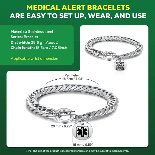 Miniatura 3 de Pulseras de identificación médica con código QR mejoradas para mujeres, pulsera de alerta médica - Cadena de eslabones de 7'' 9'' de plata de ley