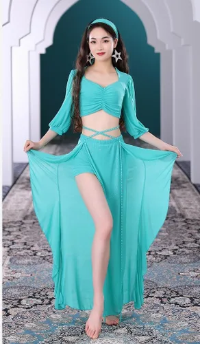 Miniatura 5 de Disfraces de danza del vientre para mujer, camiseta corta y falda de baile con abertura, carnaval, Halloween, trajes de danza del vientre, tallas S-L