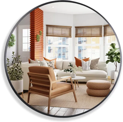 Miniatura 9 de SUPER DEAL Espejo redondo negro, espejo circular de 18 pulgadas para decoración de pared de baño, con marco de metal para baños, entradas, sala